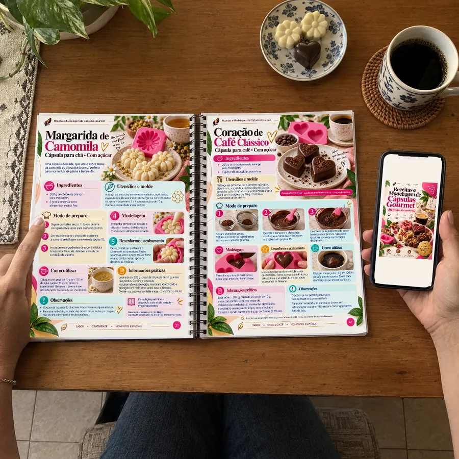 Caderno aberto com duas páginas reais de receitas e celular com a capa oficial